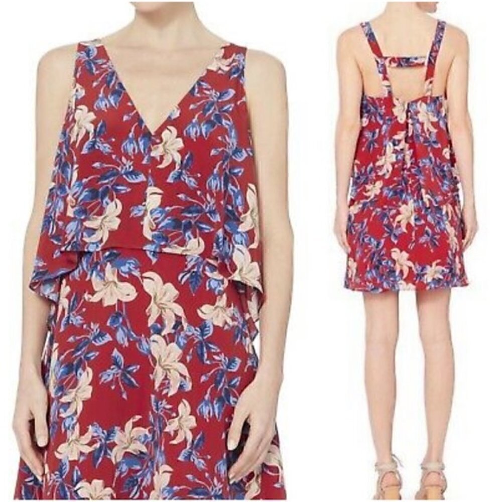 Intermix Silk Dress L Lisette Floral Open Back Flounce Red Summer Vacation Party